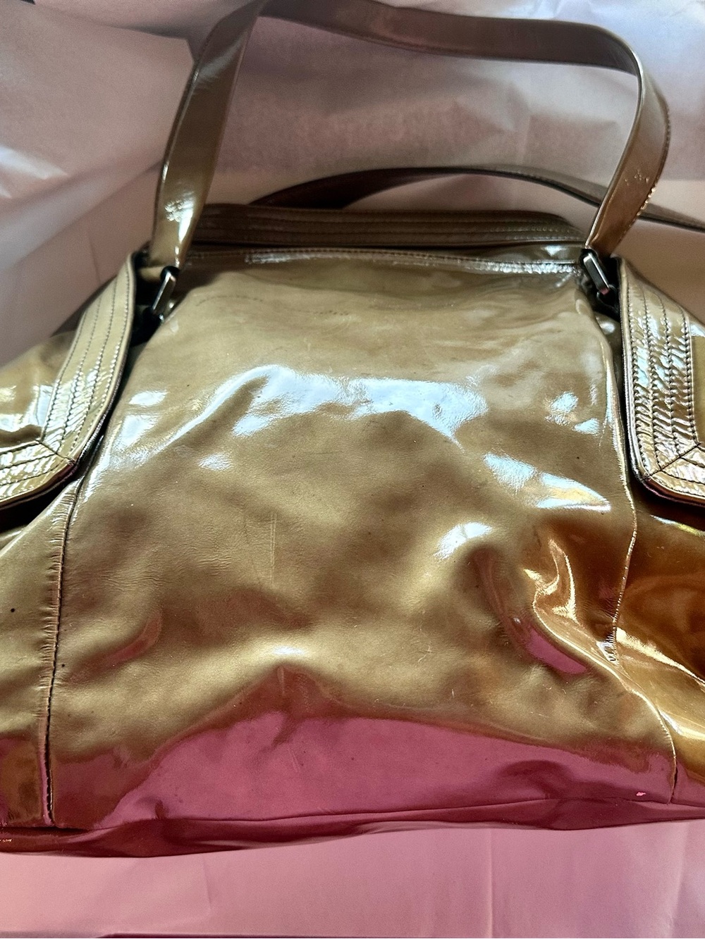 Ferragamo bag. EUC 8x12 on bottom and 11 inches high. Laminated shiny finish.